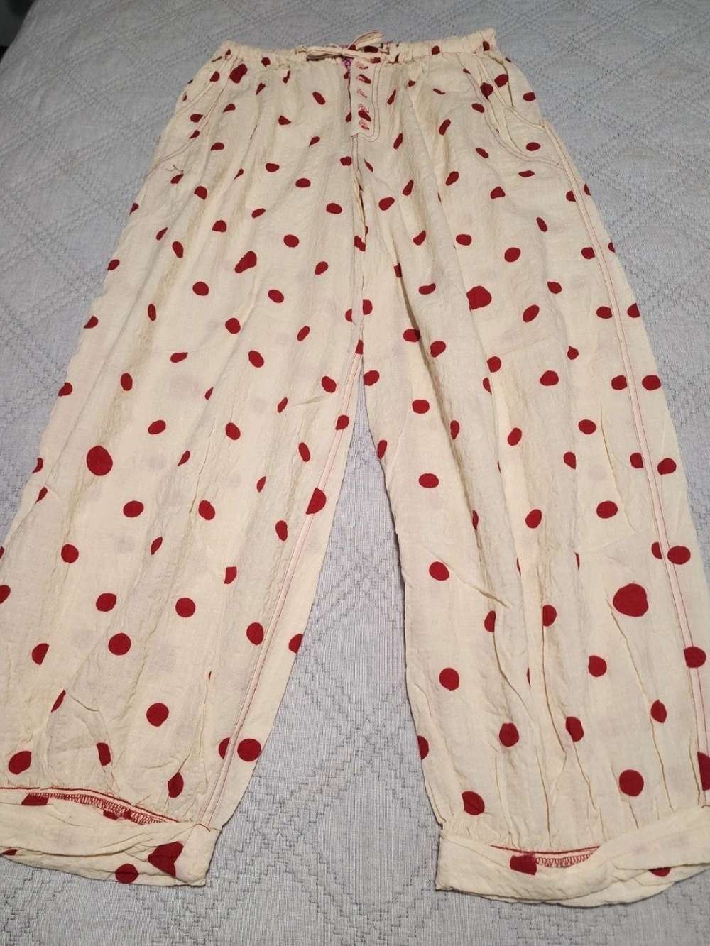 Womens Cream Polka Dot Pants with Red Spots